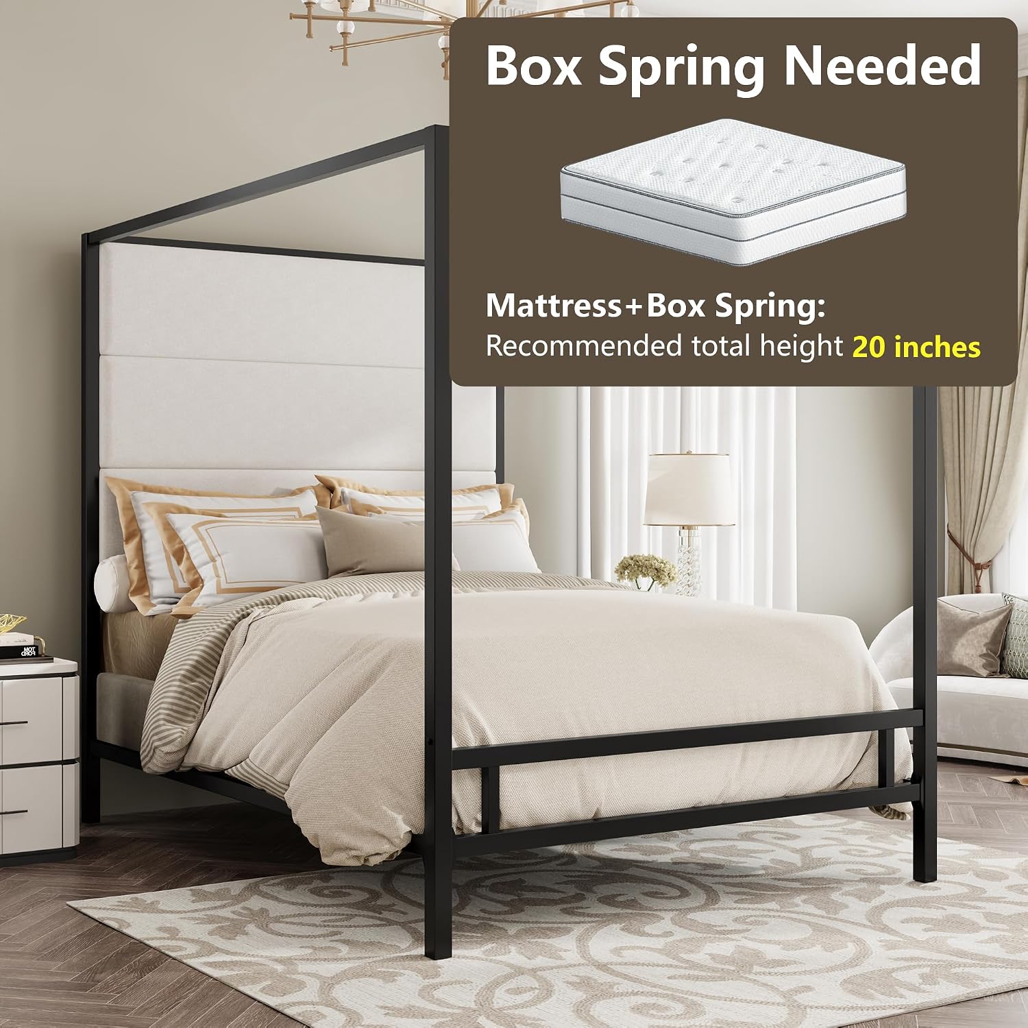 クイーンサイズの天蓋付きベッド、背の高いベルベット張りの金属 - Canopy Bed Frame Metal Queen のレビューと価格