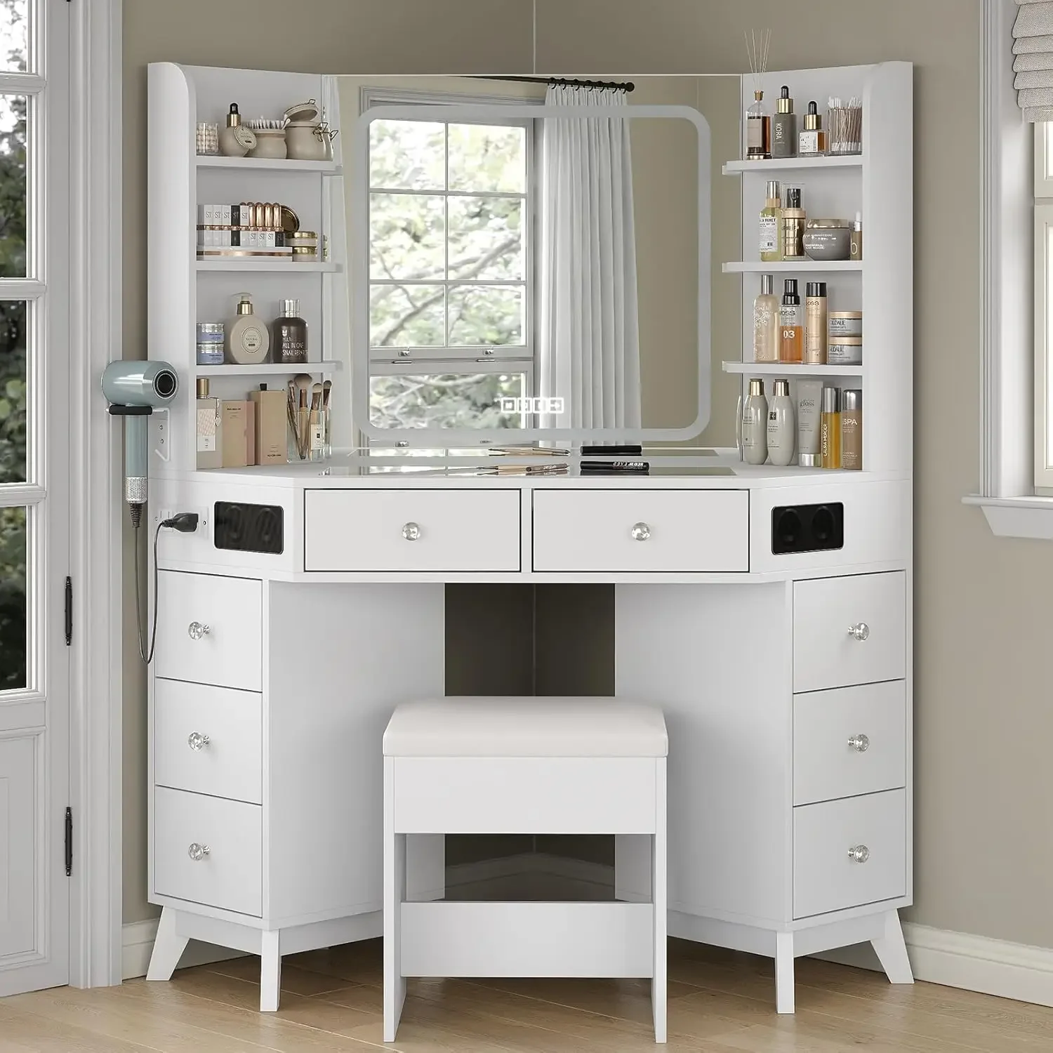 コーナーバニティデスクスピーカー付き引き出し棚メイクアップガ - Dressing Table Vanity With Lighted Mirror のレビューと価格