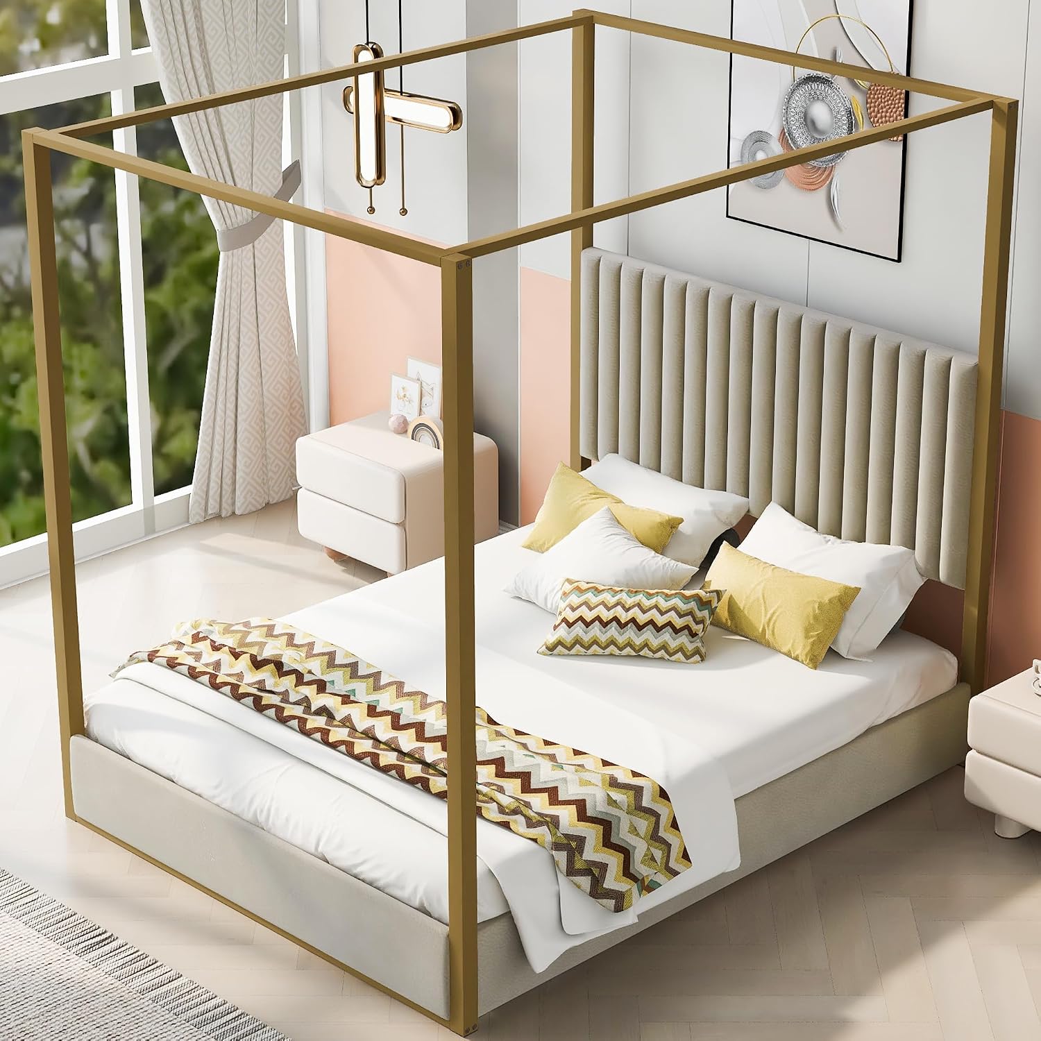 モダンなキャノピー型プラットフォームベッド、クイーンサイズ、 - Canopy Bed Frame Metal Queen のレビューと価格