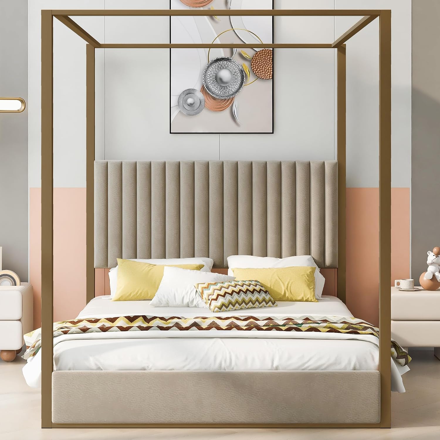 モダンなキャノピー型プラットフォームベッド、クイーンサイズ、 - Canopy Bed Frame Metal Queen のレビューと価格