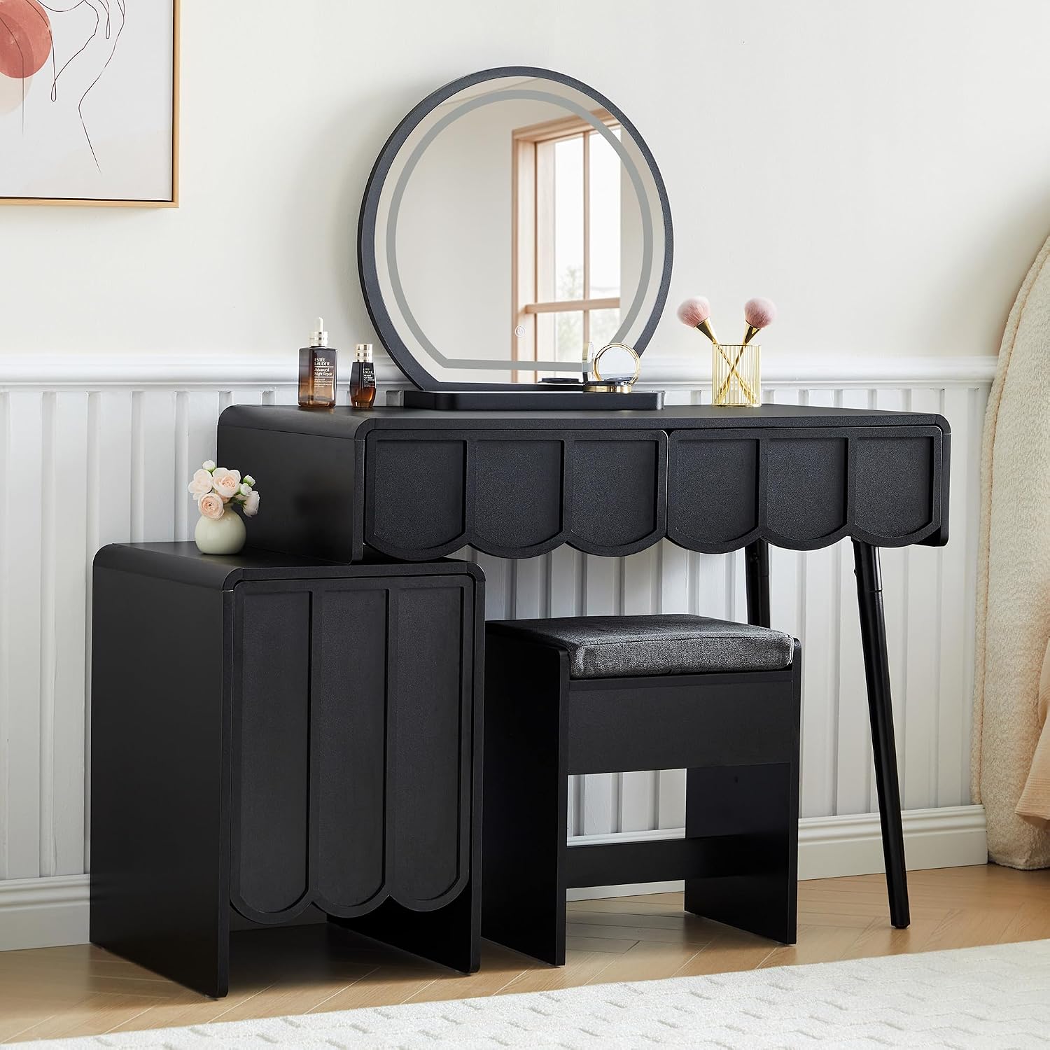 鏡とライト付き化粧台、モダンな木製波型パネル化粧台セット、引 - Dressing Table Vanity With Lighted Mirror のレビューと価格