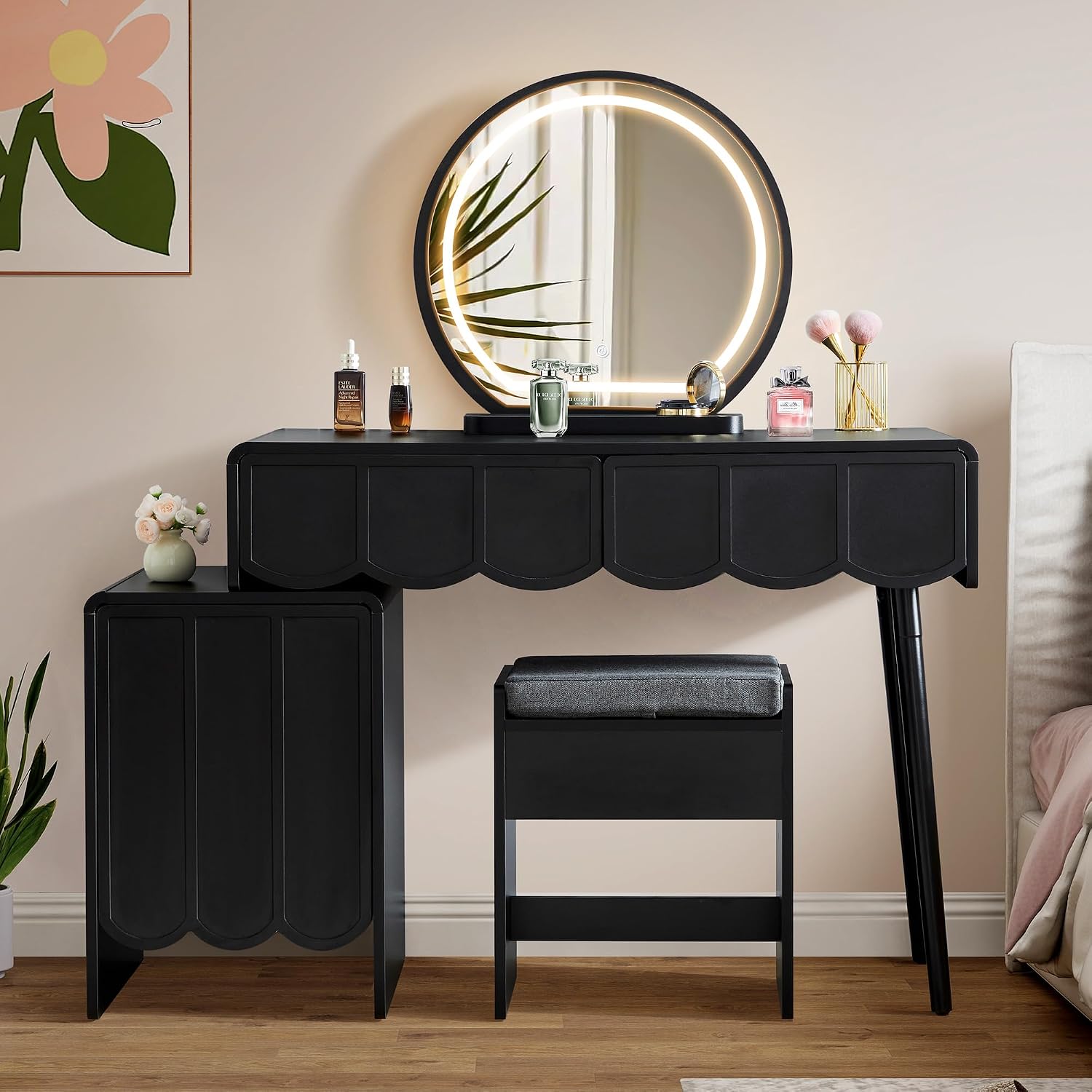 鏡とライト付き化粧台、モダンな木製波型パネル化粧台セット、引 - Dressing Table Vanity With Lighted Mirror のレビューと価格