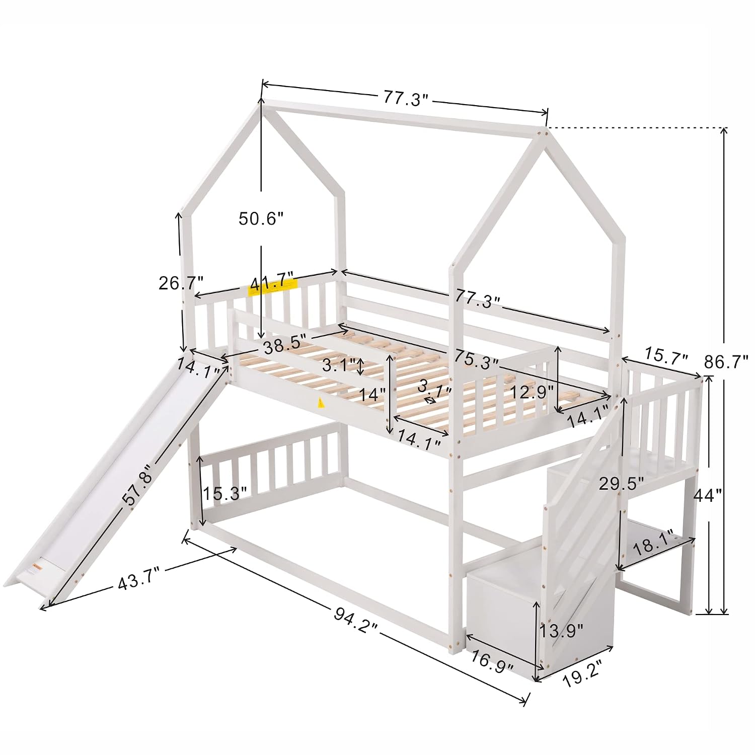 ツインオーバーツイン二段ベッド、スライドと階段付き、木製ハウ - Bunk Bed With Stairs And Slide のレビューと価格