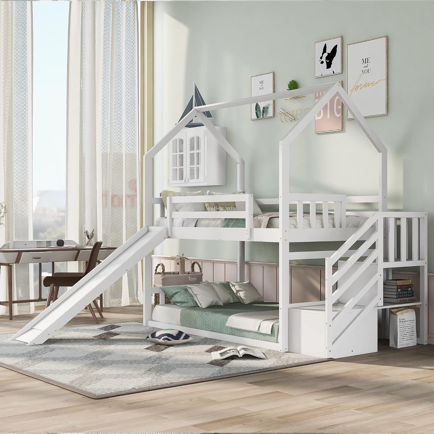 ツインオーバーツイン二段ベッド、スライドと階段付き、木製ハウ - Bunk Bed With Stairs And Slide のレビューと価格