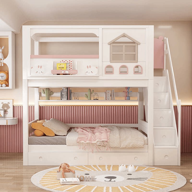 モダンなピンクの無垢材製子供用二段ベッド、スライド階段、収納 - Bunk Bed With Stairs And Slide のレビューと価格