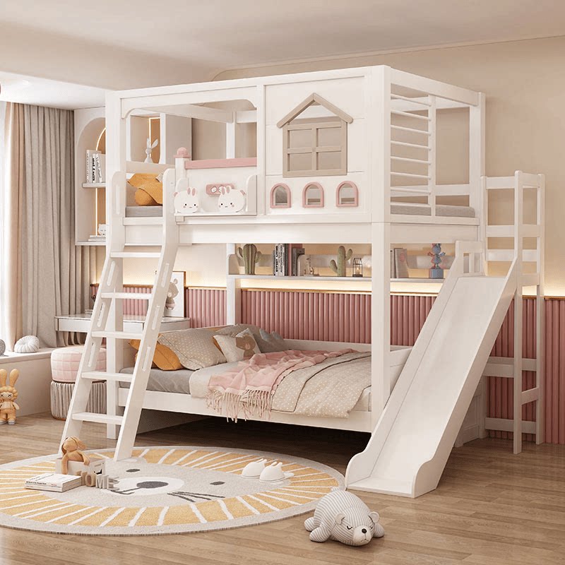 モダンなピンクの無垢材製子供用二段ベッド、スライド階段、収納 - Bunk Bed With Stairs And Slide のレビューと価格