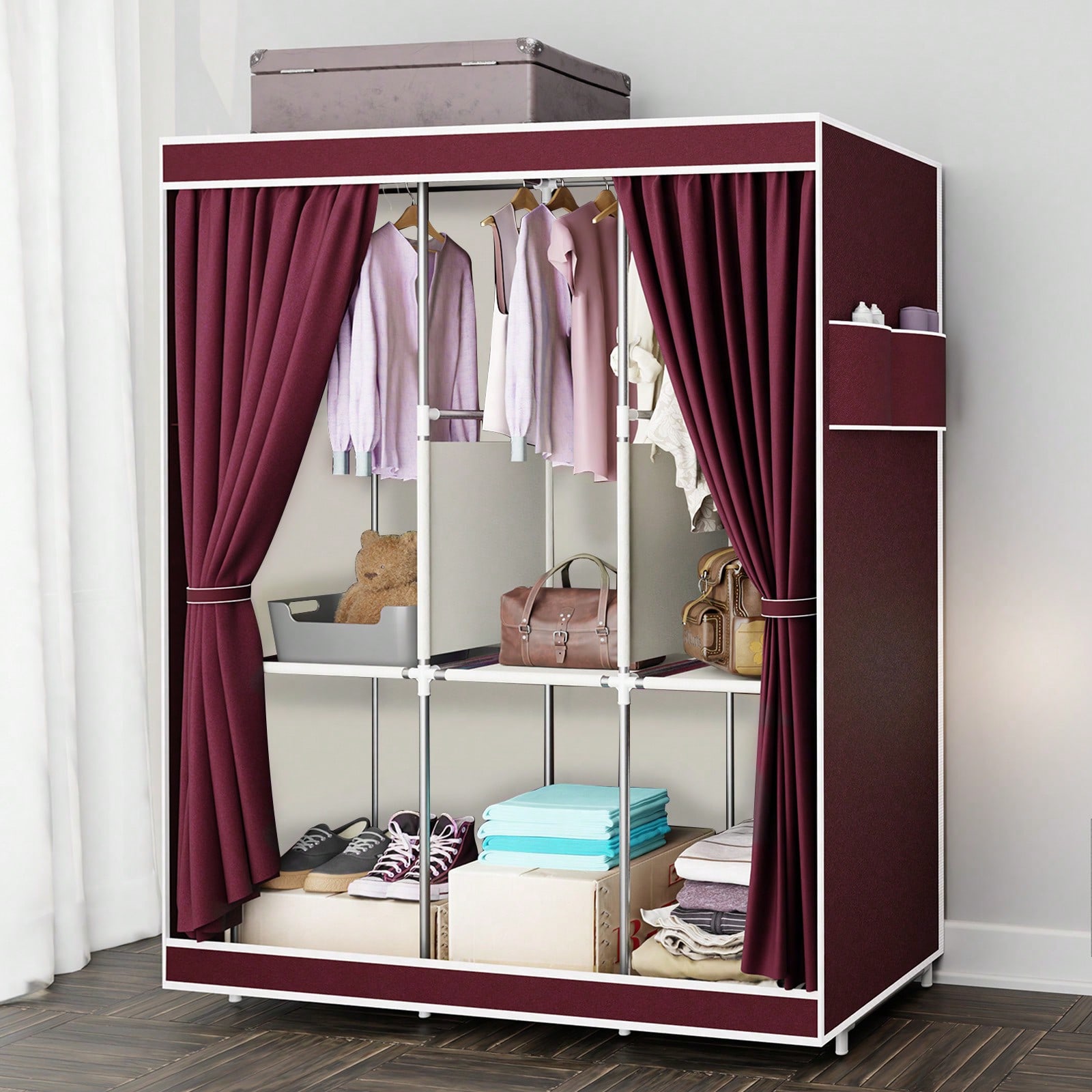 65インチのポータブルワードローブクローゼット、棚と吊り下げ - Wardrobe Closet Portable Fabric Cover のレビューと価格