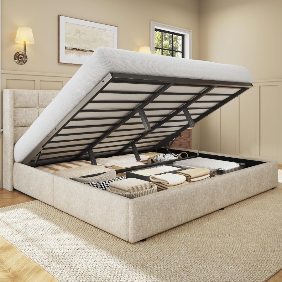 サイズ調整可能な収納付きベッドフレーム。リネン生地で覆われた - Gas Lift Storage Bed Hydraulic のレビューと価格