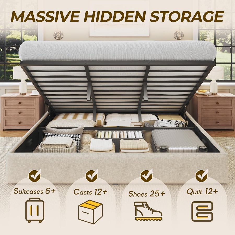 サイズ調整可能な収納付きベッドフレーム。リネン生地で覆われた - Gas Lift Storage Bed Hydraulic のレビューと価格