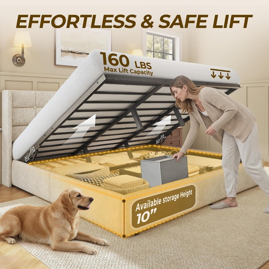 サイズ調整可能な収納付きベッドフレーム。リネン生地で覆われた - Gas Lift Storage Bed Hydraulic のレビューと価格