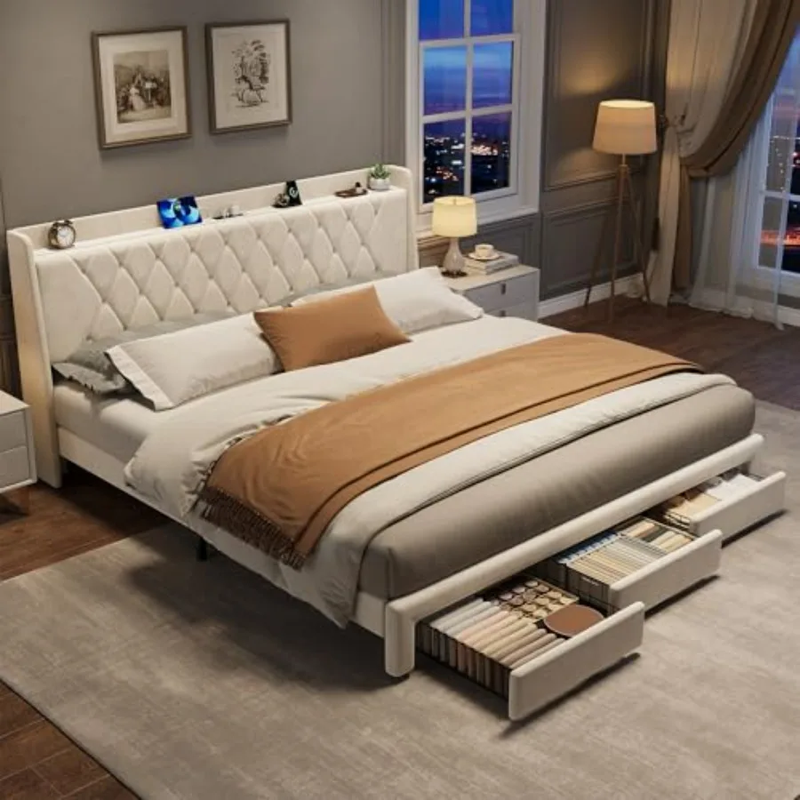 クリスタルのタフティング加工が施されたヘッドボード、3つの収 - King Size Bed Frame With Storage Drawers のレビューと価格