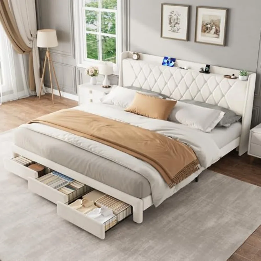 クリスタルのタフティング加工が施されたヘッドボード、3つの収 - King Size Bed Frame With Storage Drawers のレビューと価格