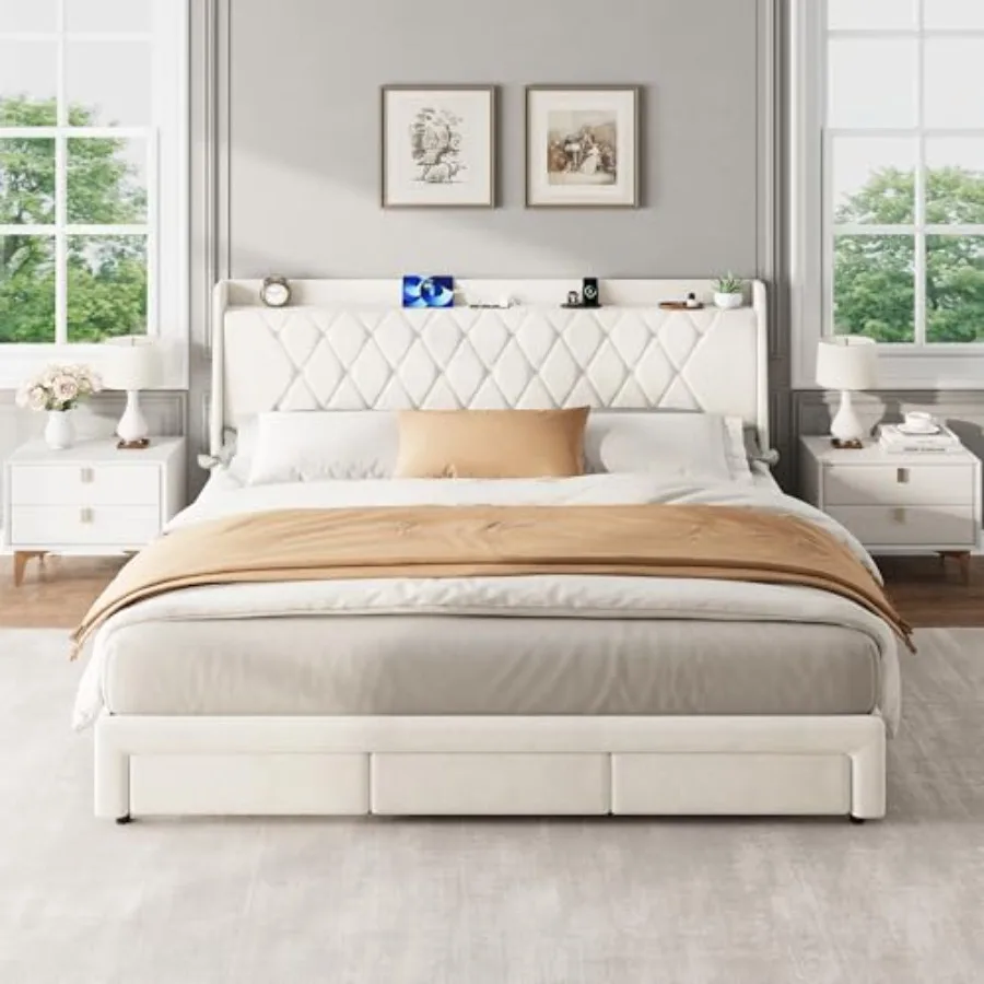 クリスタルのタフティング加工が施されたヘッドボード、3つの収 - King Size Bed Frame With Storage Drawers のレビューと価格
