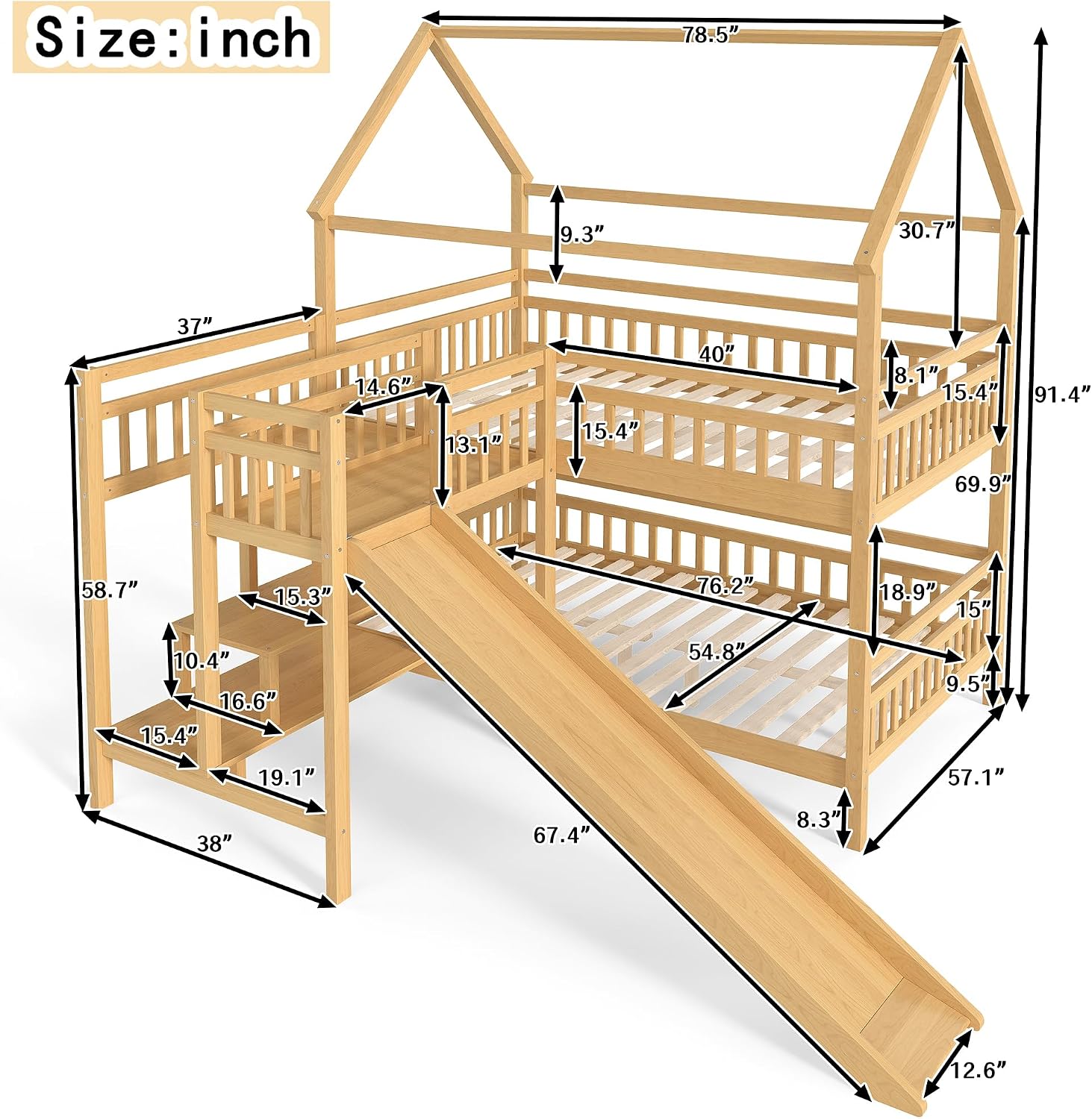 フルオーバーフル二段ベッド、プレイハウスデザインの屋根付き、 - Bunk Bed With Stairs And Slide のレビューと価格