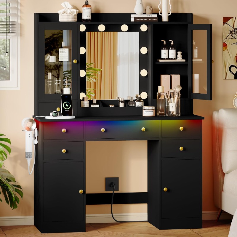 鏡とライト付き化粧台、黒の化粧台セット（収納引き出し、充電ス - Dressing Table Vanity With Lighted Mirror のレビューと価格