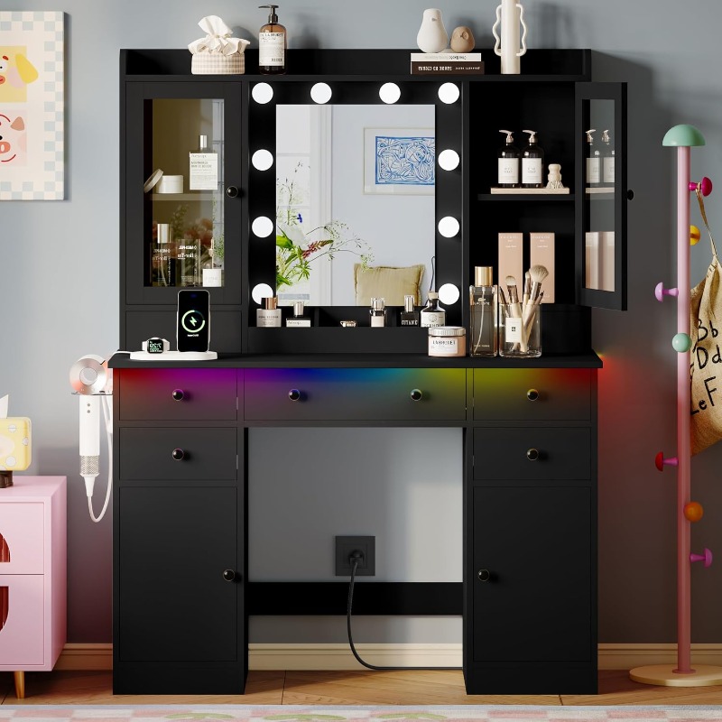 鏡とライト付き化粧台、黒の化粧台セット（収納引き出し、充電ス - Dressing Table Vanity With Lighted Mirror のレビューと価格