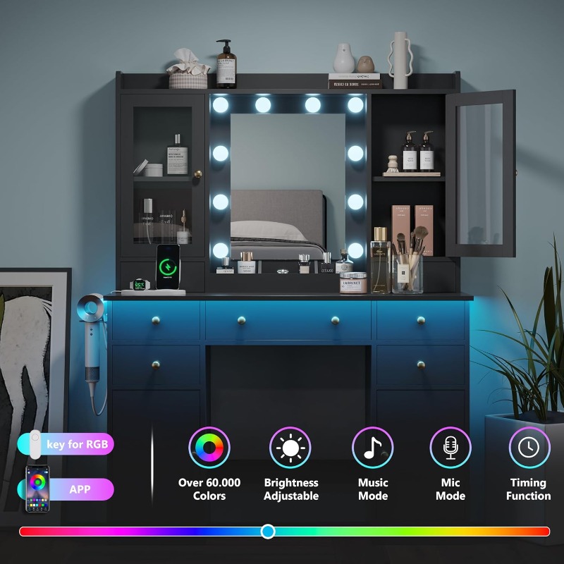 鏡とライト付き化粧台、黒の化粧台セット（収納引き出し、充電ス - Dressing Table Vanity With Lighted Mirror のレビューと価格